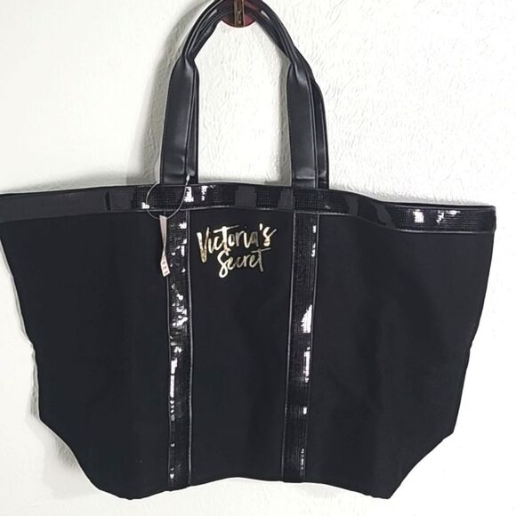 Victoria's Secret Black Tote, Metallic Trim, Logo in Shiny Gold on Front, NWT - Picture 1 of 9
